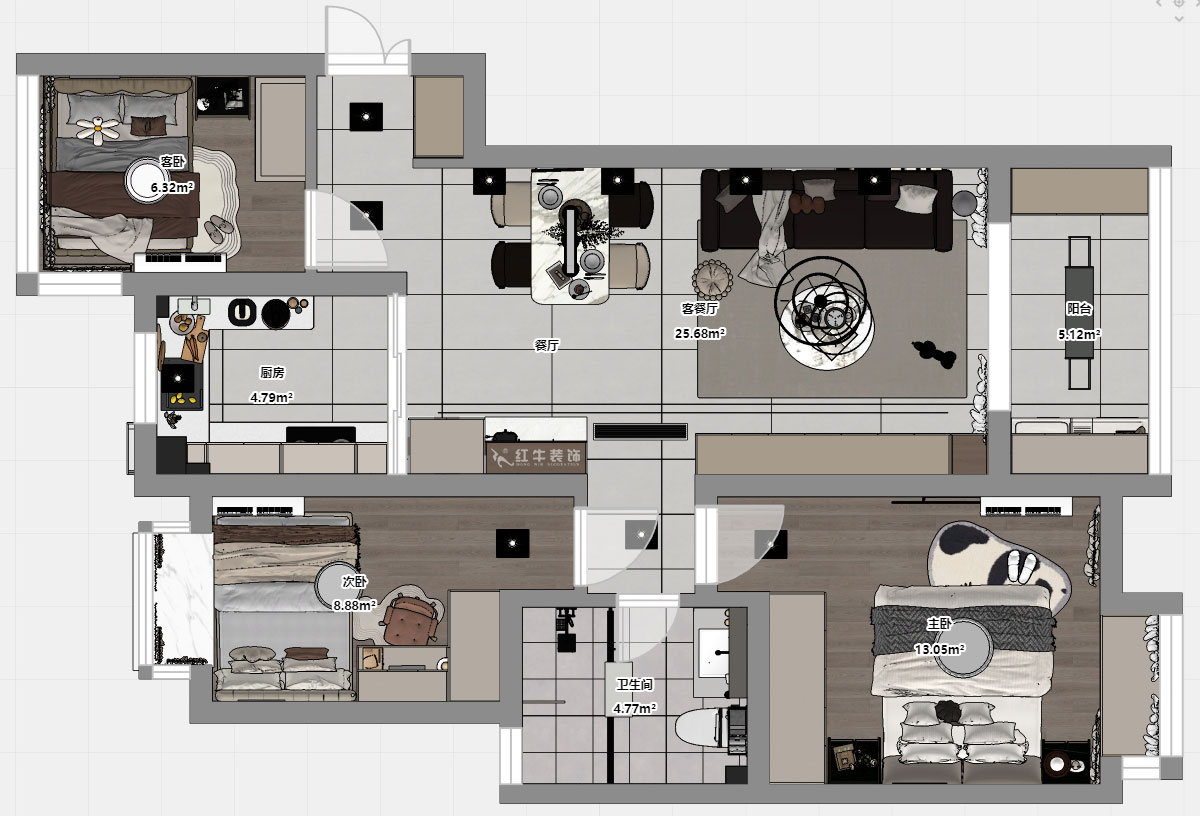 蒋琛｜保利罗兰香谷10-1-1404-90㎡-现代简约风格｜3室2厅1卫｜老房装修｜定制家｜全包12万｜00_03平面彩图
